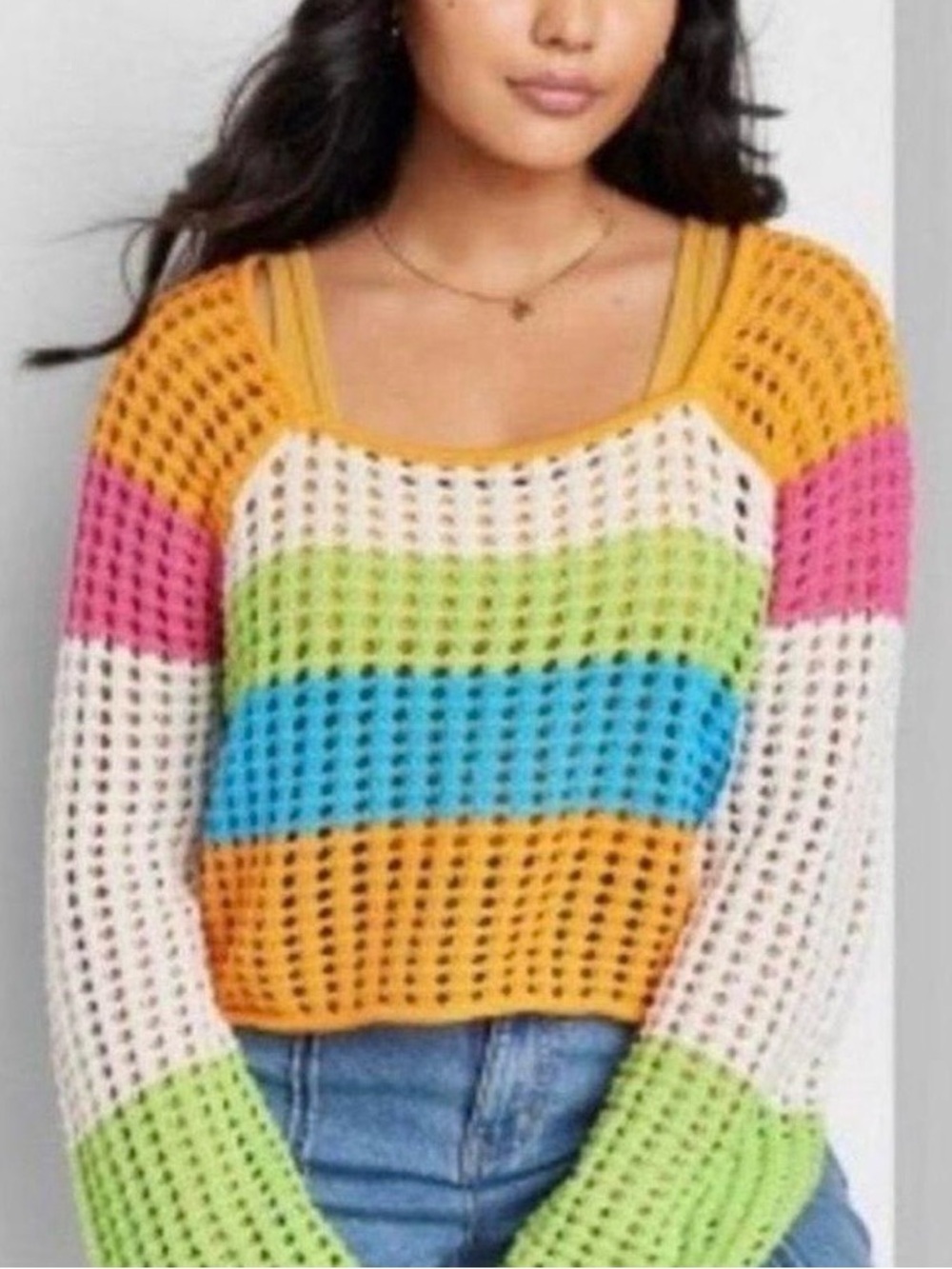 EUC Rainbow Colorful Open Knit Crochet Sweater Women's Small Boho Festival Beach